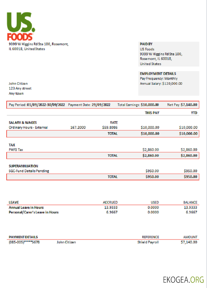 Fiche de paie d'une entreprise de distribution alimentaire américaine US Foods